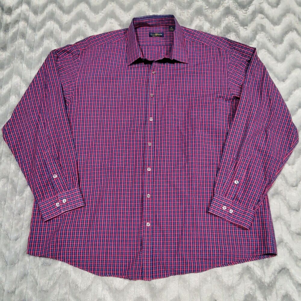 Club Room Mens Size 18 Red Blue Plaid Regular Fit Long Sleeve Button Down Shirt